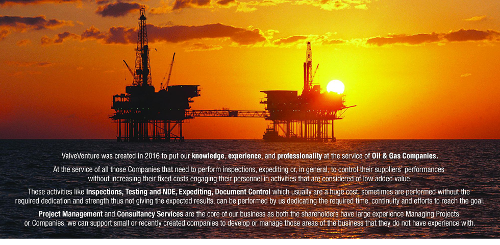 ValveVenture was created by Luciano De Natale and Vittorio Maggione in 2016 to put their knowledge, experience and professionality at the service of Oil & Gas Companies. At the service of all those Companies that need to perform inspections, expediting or, in general, to control their suppliers' performances without increasing their fixed costs engaging their personnel in activities that are considered of low added value. These activities like Inspections, Testing and NDE, Expediting, Document Control which usually are a huge cost, sometimes are performed without the required dedication and strength thus not giving the expected results, can be performed by us dedicating the required time, continuity and efforts to reach the goal. Project Management and Consultancy Services are the core of our business as both the shareholders have large experience Managing Projects or Companies, we can support small or recently created companies to develop or manage those areas of the business that they do not have experience with.